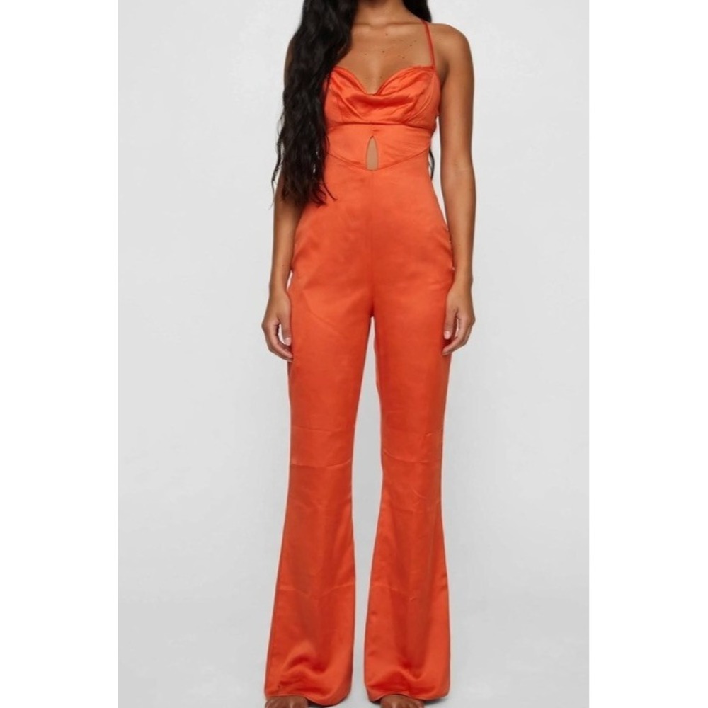 As You Orange Satin Spaghetti Strap Flared Leg Pant Jumpsuit Size 4 Retro Club